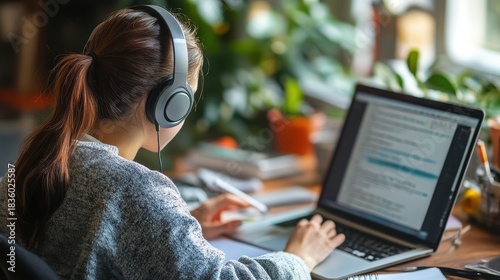 Focused student wearing headphones at a laptop taking an online class
