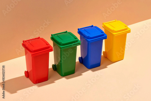 Colorful miniature recycling bins representing waste sorting
