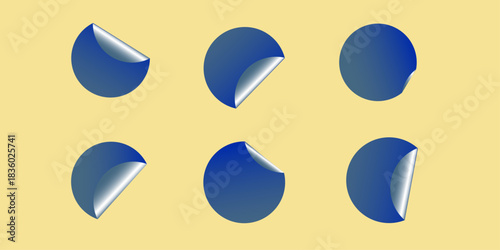 Blank blue round adhesive stickers mock up with curved corner, 3d rendering. Empty circle sticky label . White tags, paper round stickers with peeling corner isolated on Light yellow/ beige background