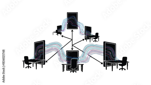 Interconnected digital workstations facilitating data flow and collaboration in a modern office.