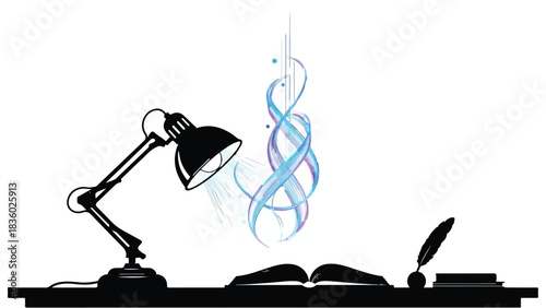 Desk lamp illuminates swirling DNA strand above open book, symbolizing discovery and science.