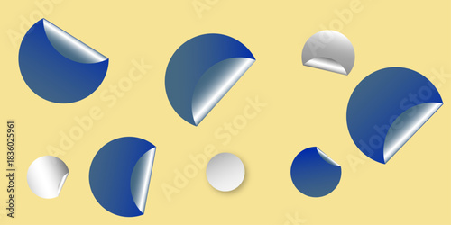 Circle adhesive stickers. White tags, paper round stickers with peeling corner isolated on Light yellow / beige background. Blank blue round stickers with curled corners, realistic mockup .