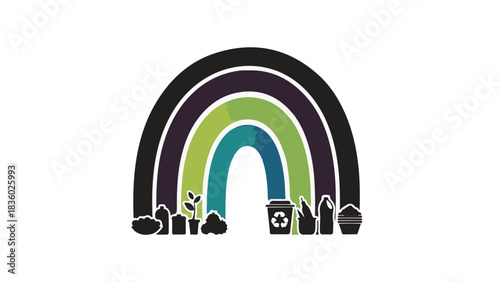Hopeful rainbow arching over a clean environment with recycling symbols and green plants