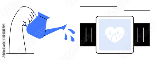 Hand pouring water from blue watering can next to smartwatch displaying heart rate. Ideal for wellness, self-growth, health monitoring, fitness motivation, life balance, digital health, conscious