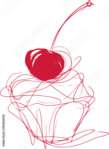 Sweet treat illustration of a cupcake with a bright red cherry on top artwork