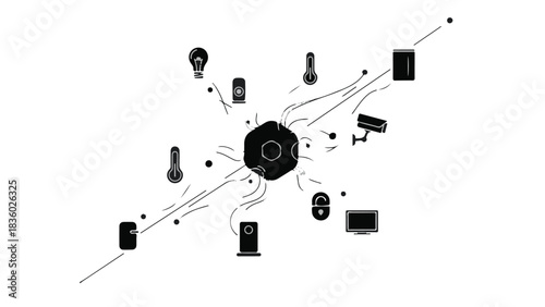 Central hub connecting various smart home devices and sensors in a digital network.