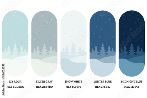 Color palette winter forest illustration icy aqua silver gray snow white blue gradient scheme aesthetic design