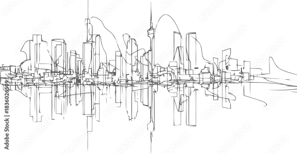 Obraz premium Abstract Cityscape Sketch: Urban Silhouette Reflection on Calm Water Surface View