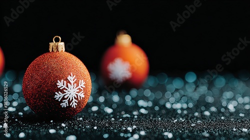 Close up view of festive orange Christmas baubles decorated with white snowflakes against a dark background