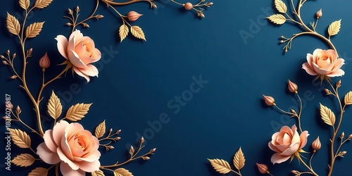 Elegant pale peach roses and ornate golden foliage adorn a deep navy background, creating a luxurious floral frame for your creative expression