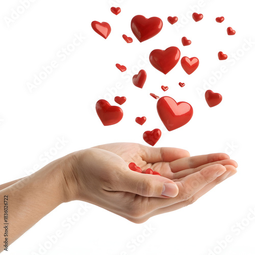 3d hand with flying red hearts white background