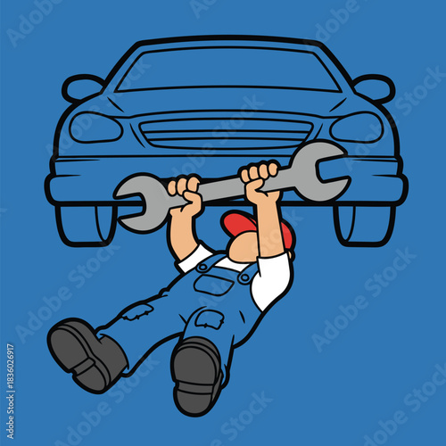 Cartoon mechanic fixing car with wrench illustration.
