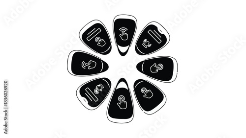 Diverse digital icons arranged in a circular pattern, representing various technological functions and actions.