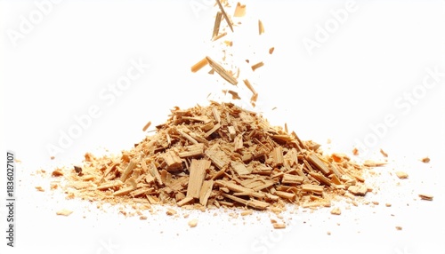 Wood chips scattering mid-air above a pile on white background.