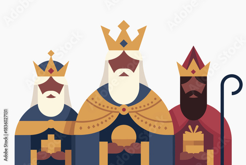 Three stylized wise men wearing crowns and robes, holding gifts, depicted in a flat, modern graphic style.