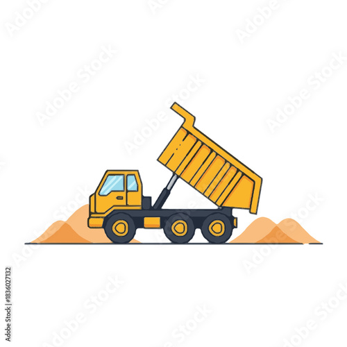 Heavy duty yellow dump truck with a raised bed unloading a pile of sand, isolated industrial construction vehicle illustration