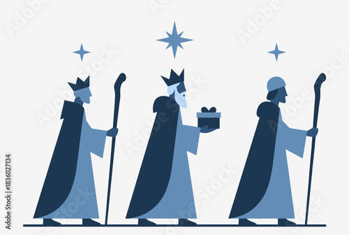 Three wise men in blue cloaks and crowns walking under stars, one carrying a gift, representing the Epiphany.