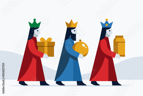 Three stylized wise men or kings carrying gifts, walking in a line, with colorful crowns and robes.