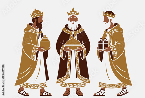 Three stylized wise men or magi wearing crowns and robes, carrying gifts of gold, frankincense, and myrrh.