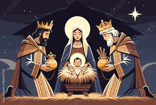Illustrative depiction of the Nativity scene with Mary, baby Jesus, and two kneeling Magi offering gifts under a star.