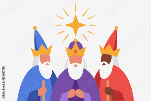 Flat vector illustration of the Three Wise Men or Magi with crowns and beards, guided by a shining star.