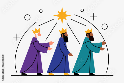 Three Wise Men following the Star of Bethlehem, a flat vector illustration.