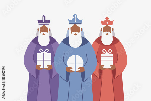 Three Wise Men in colorful robes holding gifts, depicted in a flat design style with crowns and beards against a plain background.