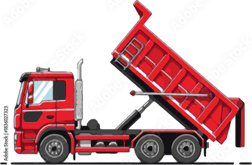 A detailed side view illustration of a large red dump truck with its hydraulic tipper bed raised for unloading, isolated on a white background