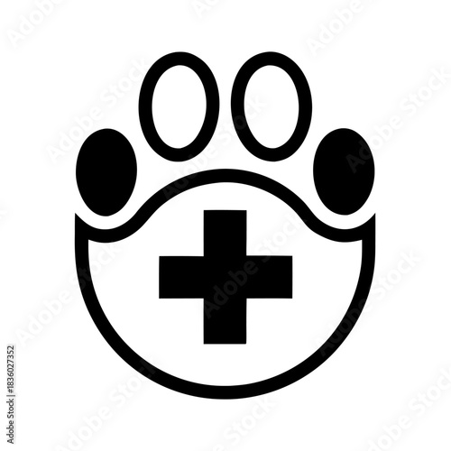 A clean outline icon featuring a pet paw with a medical cross in the center. Represents veterinary help, animal treatment, and medical support.