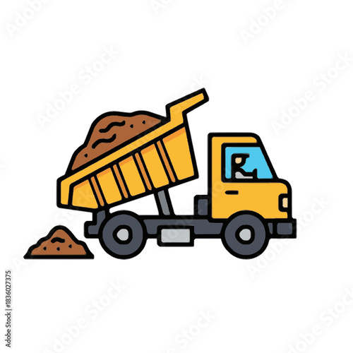 Colorful vector icon of a yellow dump truck unloading a heavy load of dirt or soil for a construction project