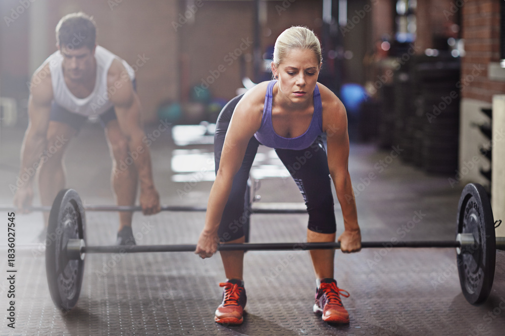 Fototapeta premium Fitness, weightlifting or friends with barbell in gym, muscle development or exercise for strength training. Workout partner, bodybuilder or people with deadlift challenge, endurance or concentration