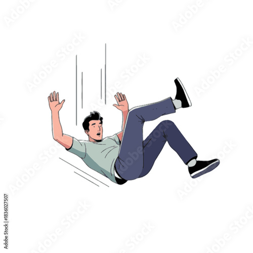 Conceptual illustration of a young man falling backwards with a shocked expression, representing an accident, failure, or unexpected problem