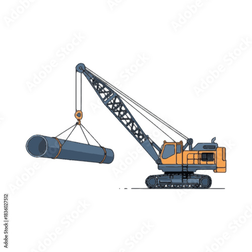 Industrial crawler crane with a lattice boom hoisting a heavy metal pipeline component, symbolizing progress and engineering on a construction project