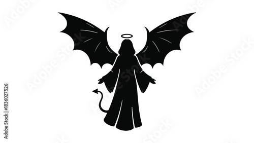 Symbolic figure of duality, a dark hooded silhouette with bat wings and a halo, representing good and evil.