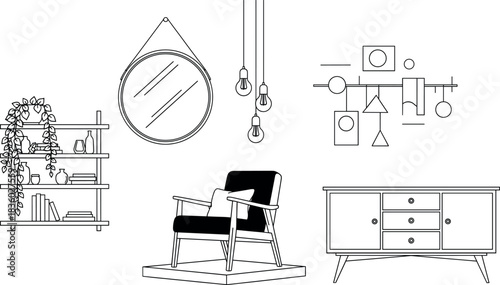 Minimal line art furniture set with bookshelf mirror armchair pendant lights and modern sideboard illustration