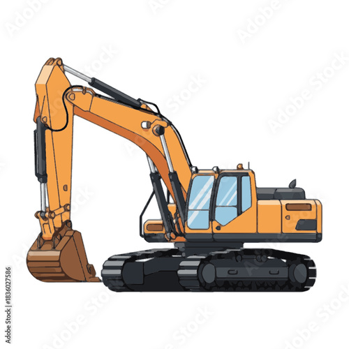 Detailed vector illustration of an orange hydraulic excavator, a powerful piece of heavy construction machinery isolated on a white background