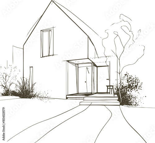 Architectural design drawing of modern house exterior with landscaping detail sketch
