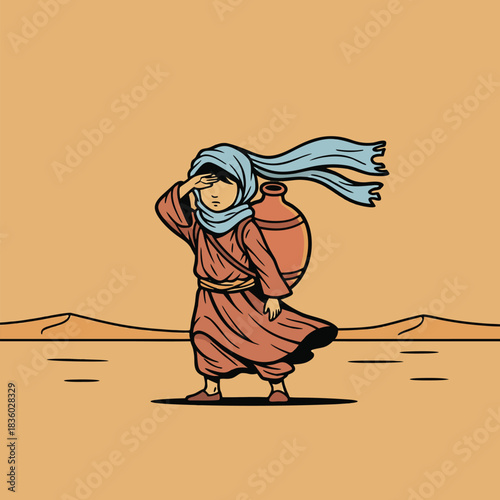 Desert Wanderer with Water Jug Illustration.