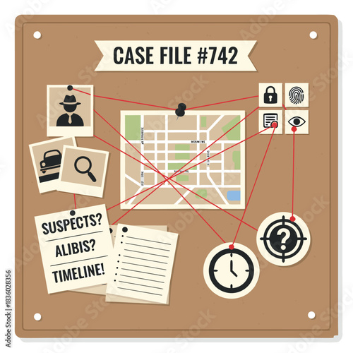Detective Case File Board with Clues and Evidence.