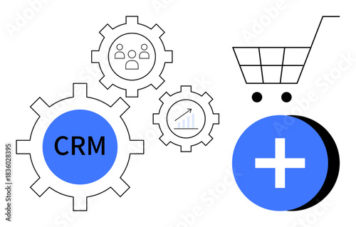 CRM concept. CRM highlighted with gear icons, shopping cart, and analytics chart customer management and growth. CRM improves sales, eCommerce integration, marketing, and analytics