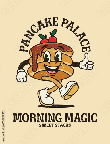 Vintage style cartoon mascot of a cheerful stack of pancakes walking and giving a thumbsup. Topped with dripping syrup and cherries 