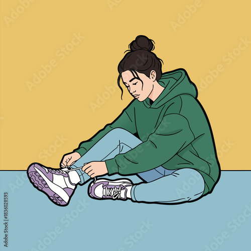 Girl tying shoelaces in casual setting illustration.