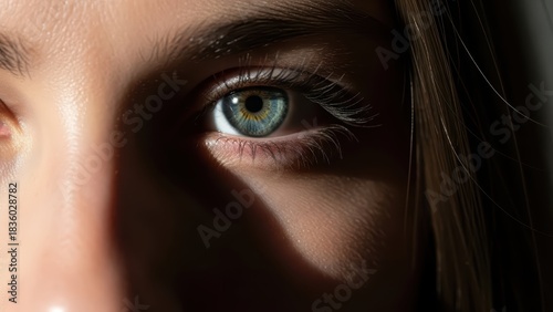 Close-up of young female eye showing calm and focused emotions in natural light
