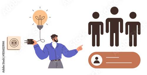 Man plugs cord into outlet, lighting bulb. Silhouettes of 3 people represent teamwork. Profile icon shows user identification. Ideal for innovation, collaboration, leadership, user focus