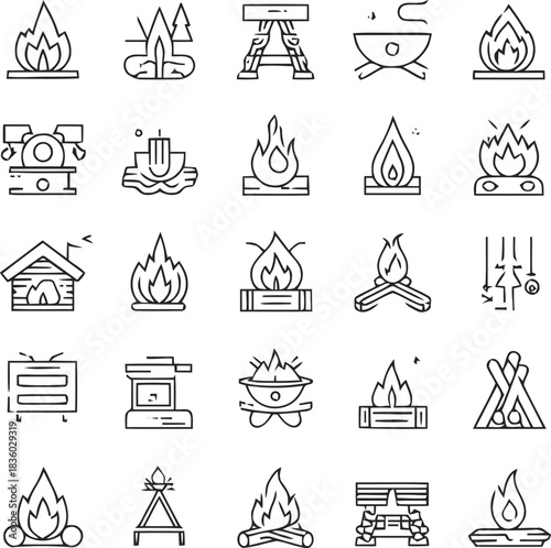 Diverse collection of minimalist fire and campfire icons representing various outdoor activities