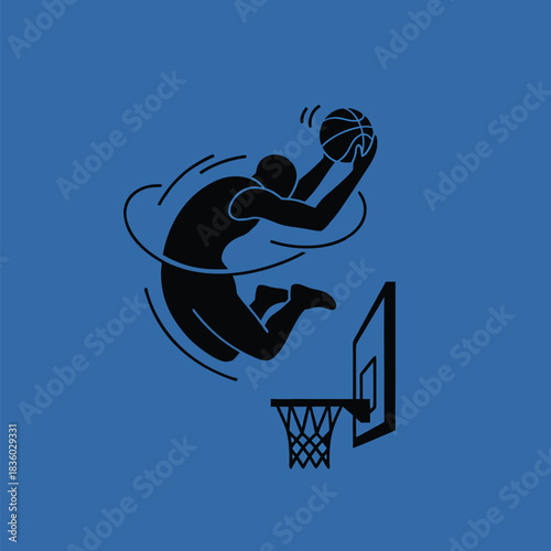 Basketball player silhouette performing a slam dunk.