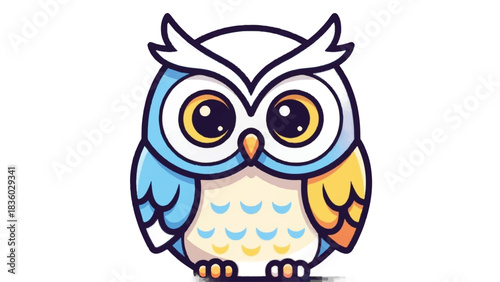 Charming Cartoon Owl with Big Eyes and Colorful Feathers Illustration.