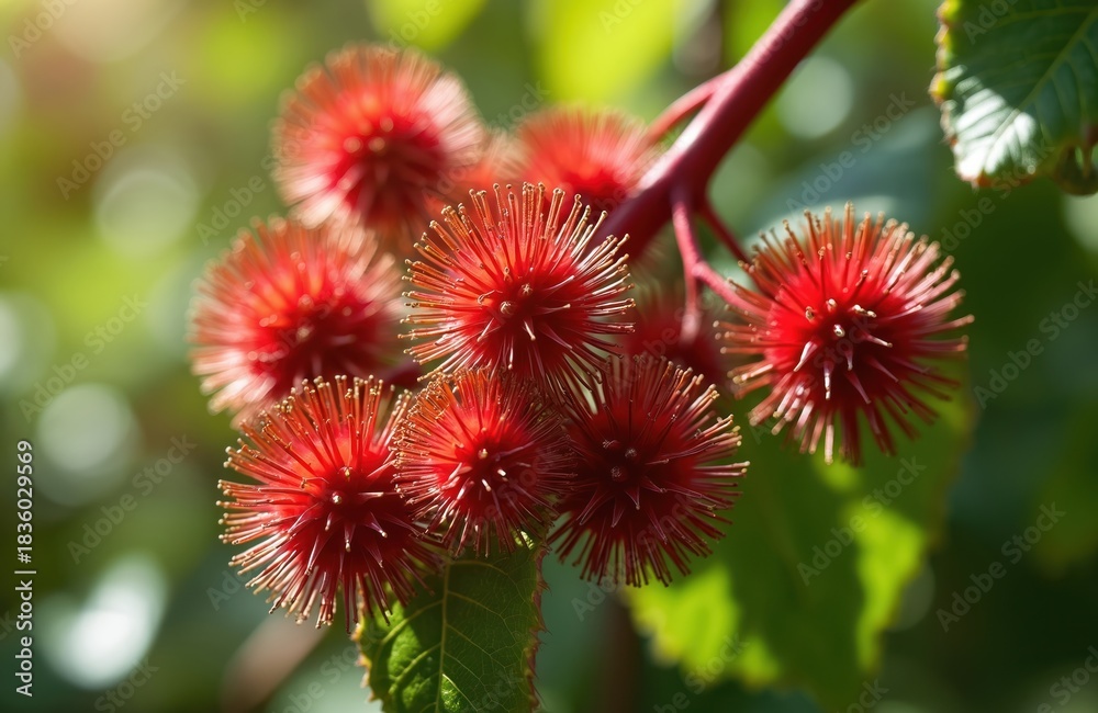 Obraz premium Close view shows spiky red seed pods of a castor oil plant on a branch. Ricinus communis fruits grow in garden. Flora blooms outdoor in sunshine during spring season.