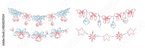 Whimsical hand-drawn Christmas garlands set. Decorative Christmas border with Christmas ornaments.. Happy holiday greeting, invitation vector card, illustration for celebratory event announcement