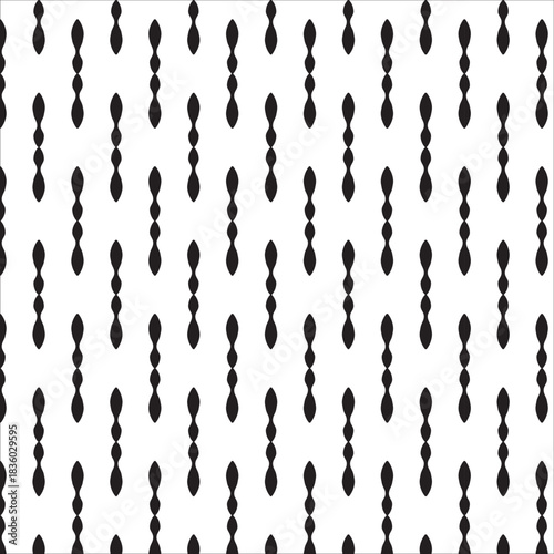 A vector illustration of a seamless, repeating geometric pattern featuring abstract black bead-like shapes aligned in vertical columns on a white background. Ideal for textiles, wallpaper, and digital
